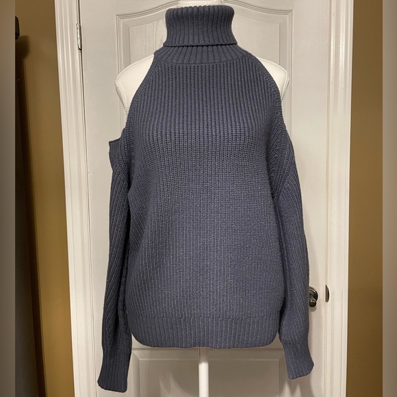 ZARA Turtle Neck Exposed Shoulders knit Blue Long Sleeve Sweater Small - Picture 1 of 5